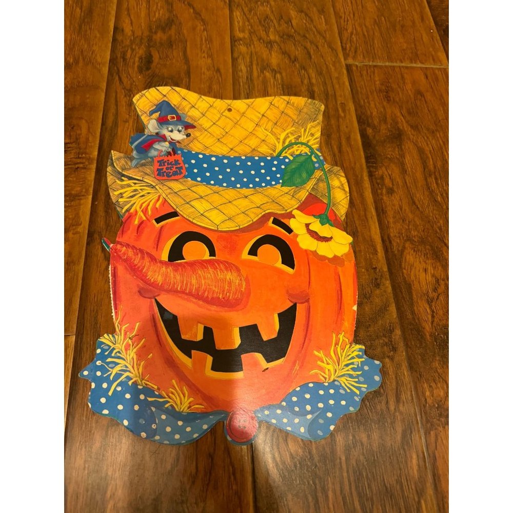 Vintage Eureka Halloween Cardboard Die Cut Pumpkin Mouse Wall Hanging Decor